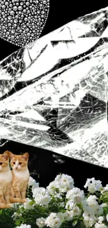 Artistic wallpaper with cats, crystal diamond, and roses.