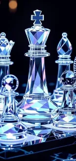 Luminous crystal chess pieces on a board.