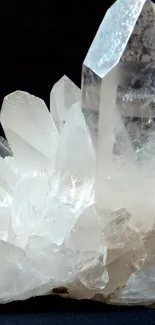 Clear quartz crystals forming a beautiful pattern against a dark background.