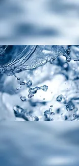 Close-up of splashing water droplets against a blurred backdrop in calming blue hues.