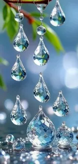 Crystal dew drops with green leaves