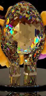 Crystal egg held by artistic hands with vibrant colors.
