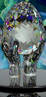 Crystal egg held by hands on abstract background.