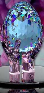 Shimmering crystal egg held by hands on a vibrant background.