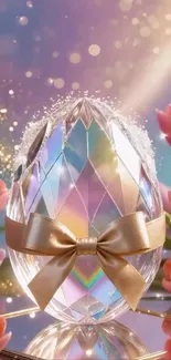 Crystal egg with ribbon and pink tulips.