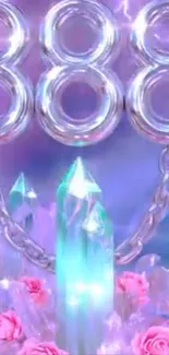 Mobile wallpaper with vibrant crystals and roses in neon colors.