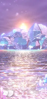 Fantasy sunset over a crystal island with shimmering ocean view.