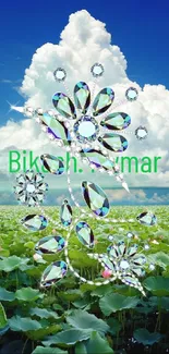 Crystal floral design with blue sky and green landscape wallpaper.