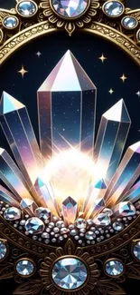 Art Deco wallpaper with crystal gems and gold frame.