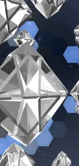 Silver crystals with a blue hexagon background on a phone wallpaper.