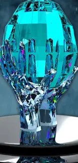 Crystal hand holding a turquoise gem in 3D art.
