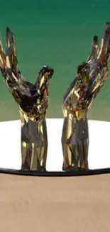 3D crystal hands sculpture on gradient background.