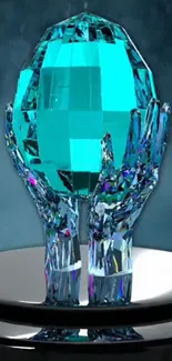 Crystal hands holding a turquoise gem with a reflective base.