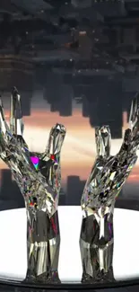 Crystal hands with urban skyline backdrop, modern art wallpaper.