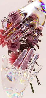 Crystal hands holding pink flowers on a soft background.