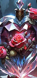 Crystal heart with red roses wallpaper