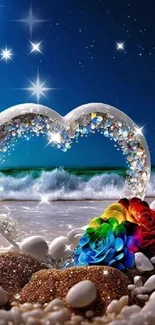 Crystal heart and rainbow rose on beach with ocean waves.