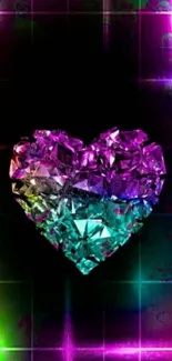 Crystal heart with neon colors on dark grid background.