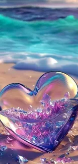 Crystal heart on beach with ocean waves