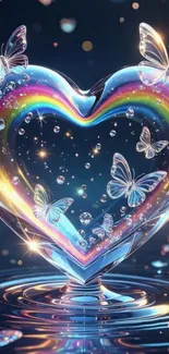 Crystal heart with rainbow hues and butterflies in a mystical design.