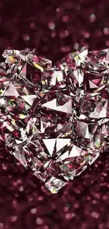 Crystal diamond heart on burgundy background, perfect for a stylish phone wallpaper.