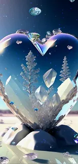 Crystal heart in a winter landscape with trees and frozen elements.