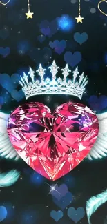 Crystal heart with wings and crown on a starry background.