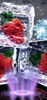 Three ice cubes with strawberries and effects.