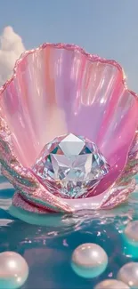 A crystal nestled in a pink seashell surrounded by ocean water and pearls.