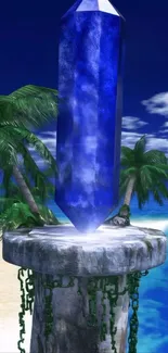 Fantasy island with a glowing blue crystal and ocean view.
