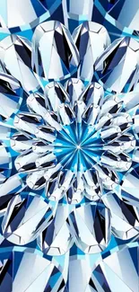 Abstract crystal kaleidoscope with blue and silver geometric patterns.