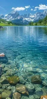 Wallpaper of a clear lake and snowy mountains under a blue sky.