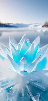 Crystal lotus on a serene icy lake with blue and white tones.