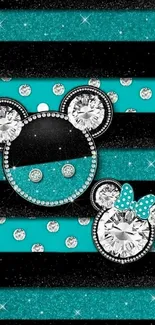 Teal and black striped wallpaper with crystal Mickey Mouse design.