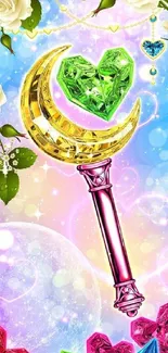 Crystal moon and heart with colorful gems and white roses on a vibrant background.