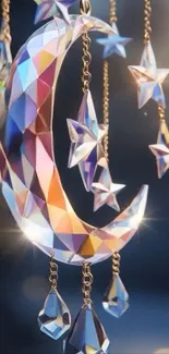 Crystal moon and stars with sparkling reflections in geometric design.