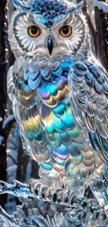 Crystal owl with iridescent feathers in a snowy forest setting.
