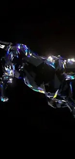 Crystal panther leaps on a sleek black background, emitting colorful reflections.