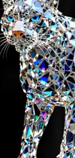 Crystal panther with geometric patterns and vibrant colors on a black background.