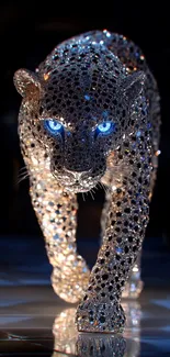 Crystal panther with blue eyes on a black background.