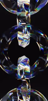 Abstract crystal rings on black background, elegant and colorful.