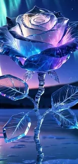 A crystalline rose under vibrant aurora lights.