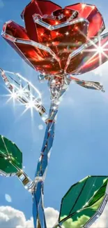 Crystal rose gleaming in the sunlight with a bright sky backdrop.