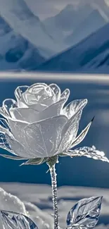 Crystal rose in snowy mountain landscape, elegant and serene.