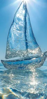 Crystal sailboat on shimmering water under bright blue sky.
