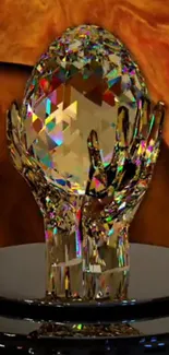 Crystal sculpture with holographic reflections on amber background.