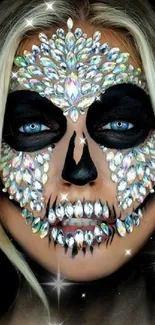 Vibrant skull face art with crystals on black background.