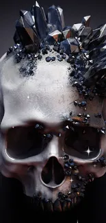 A skull adorned with glittering crystals on a dark background.