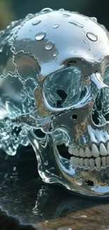 A crystal-clear skull with water droplets.