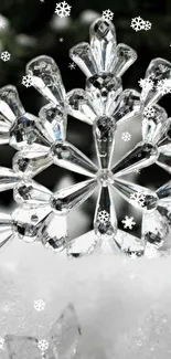 Close-up of a crystal snowflake with a frosty, winter theme on a mobile wallpaper.